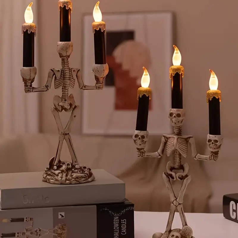 LED Skeleton Candelabra – Skull Candle Holder with Glowing Flameless Candles