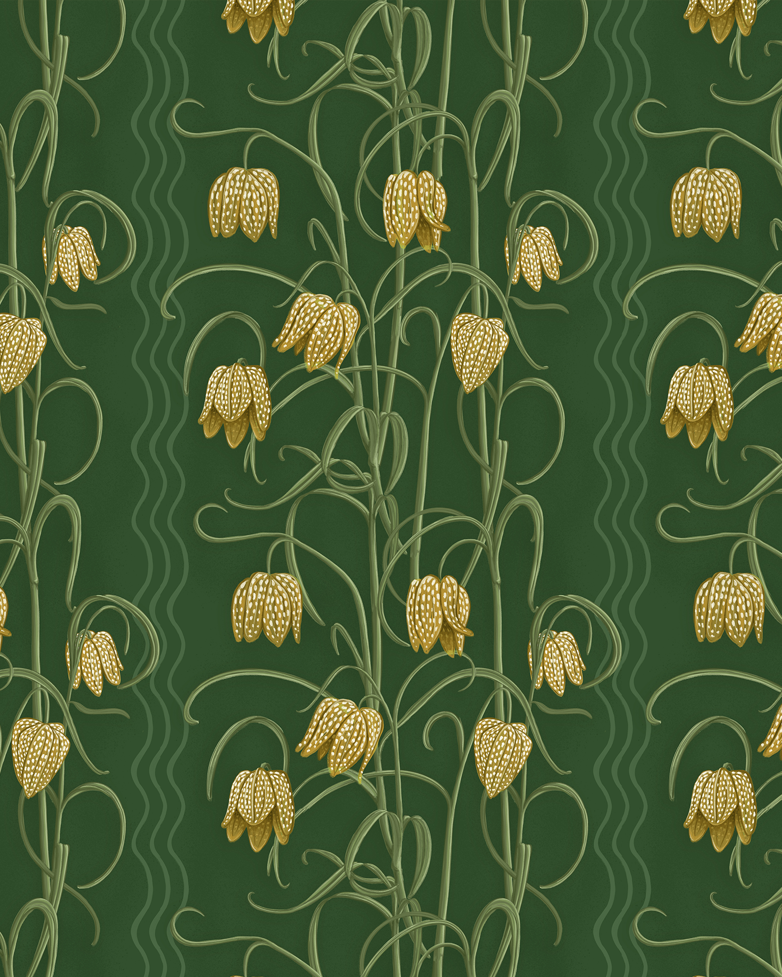 Campanas Wallpaper, dark green and ocher