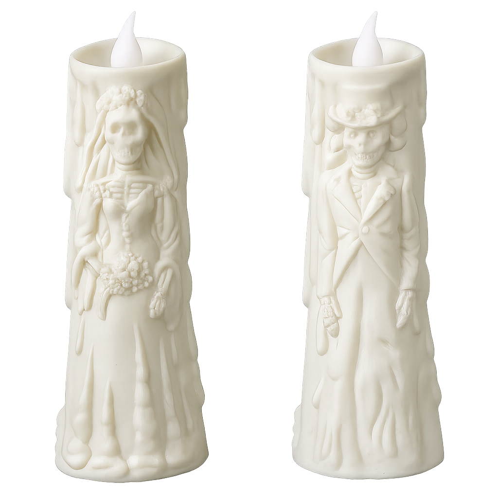 4pcs LED Skull Candle Lamps – Skeleton & Bride Figures with Flickering Flame Effect