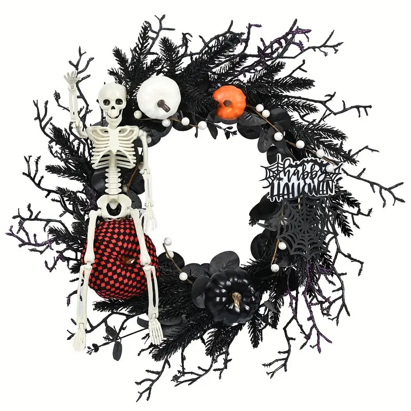 Halloween Door Wreath – Skeleton with Black Floral Accents