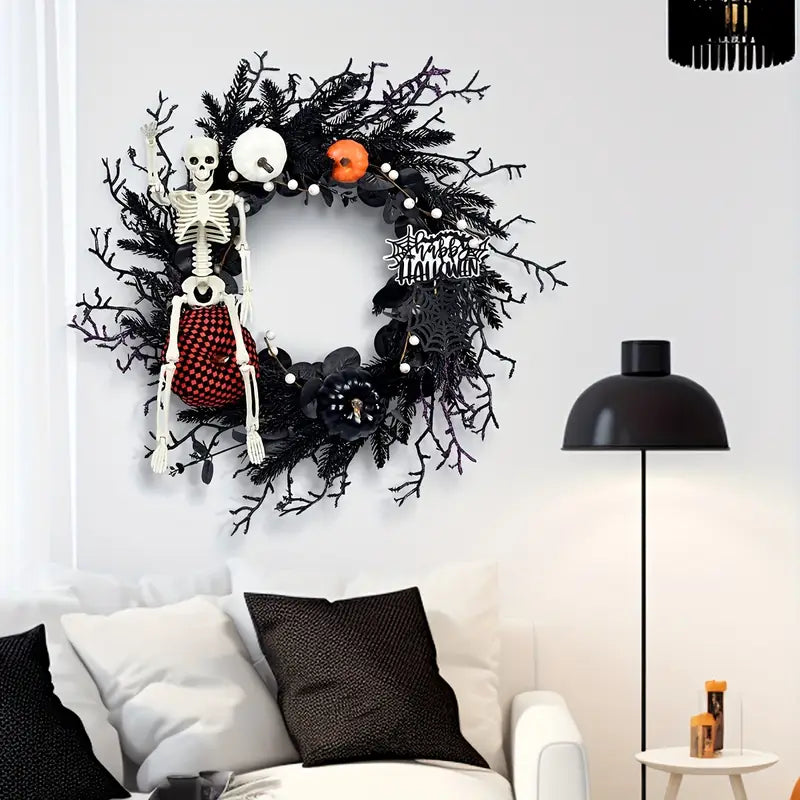Halloween Door Wreath – Skeleton with Black Floral Accents